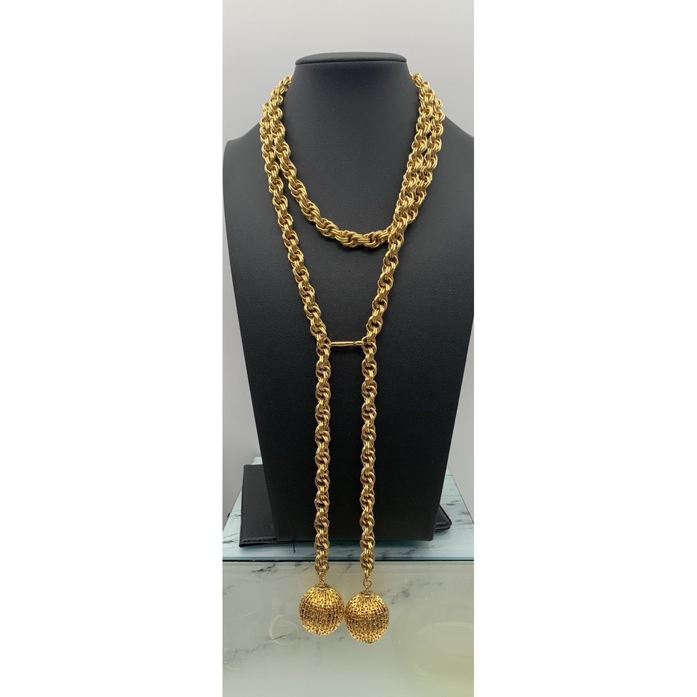 Vintage Gold Tone Chunky Chain Lariat Style Necklace With Open Work Balls - Picture 3 of 5